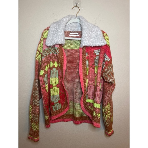Anthropologie Cozy Multicolor Knit Cardigan with Faux Fur Collar‎ Size Medium - Picture 2 of 8
